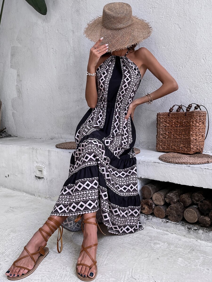 Geo Print Criss Cross Backless Cami Dress - Multicolor - View 1