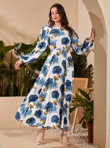 SHEIN 荷葉邊燈籠袖熱帶圖案連衣裙 - 彩色 - 查看 2