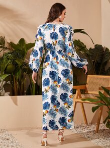 SHEIN 荷葉邊燈籠袖熱帶圖案連衣裙 - 彩色 - 查看 3