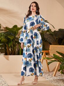 SHEIN 荷葉邊燈籠袖熱帶圖案連衣裙 - 彩色 - 查看 4