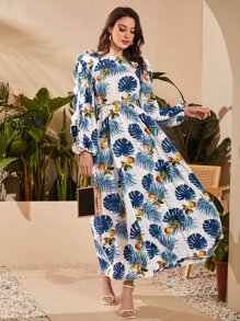 SHEIN 荷葉邊燈籠袖熱帶圖案連衣裙 - 彩色 - 查看 1