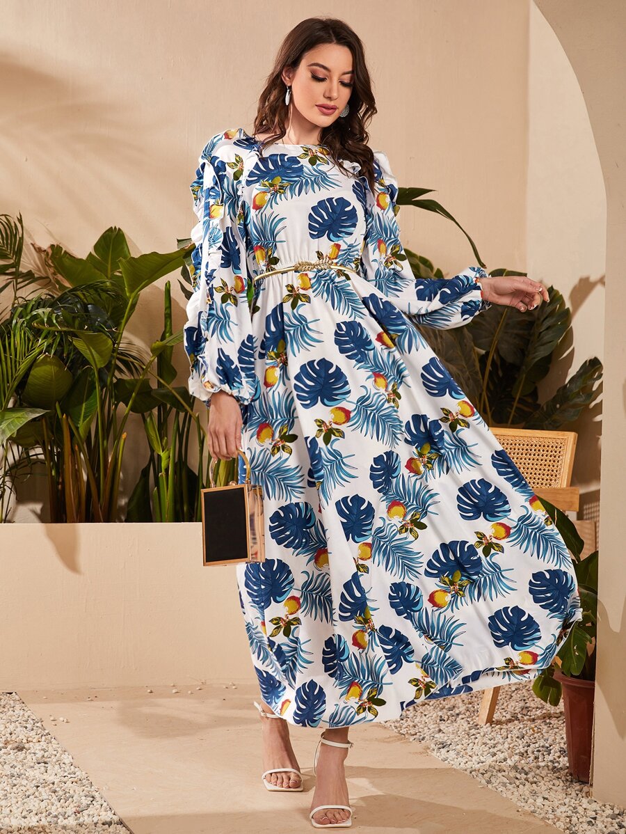 SHEIN 荷葉邊燈籠袖熱帶圖案連衣裙 - 彩色 - 查看 1