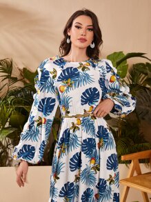 SHEIN 荷葉邊燈籠袖熱帶圖案連衣裙 - 彩色 - 查看 5