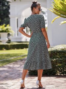 SHEIN Unity Ditsy Floral Puff Sleeve Knot Side Wrap Dress - Dark Green - View 2