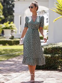 SHEIN Unity Ditsy Floral Puff Sleeve Knot Side Wrap Dress - Dark Green - View 3