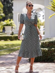 SHEIN Unity Ditsy Floral Puff Sleeve Knot Side Wrap Dress - Dark Green - View 5
