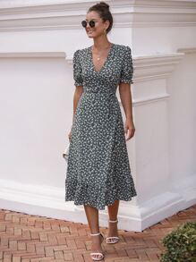 SHEIN Unity Ditsy Floral Puff Sleeve Knot Side Wrap Dress - Dark Green - View 6