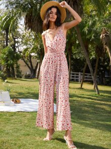 Ditsy Floral Surplice Jumpsuit - Multicolor - View 5