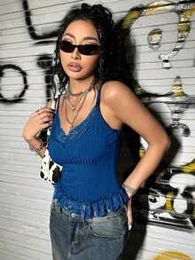 SHEIN ICON Contrast Lace Ruffle Hem Cami Top - Blue - View 5