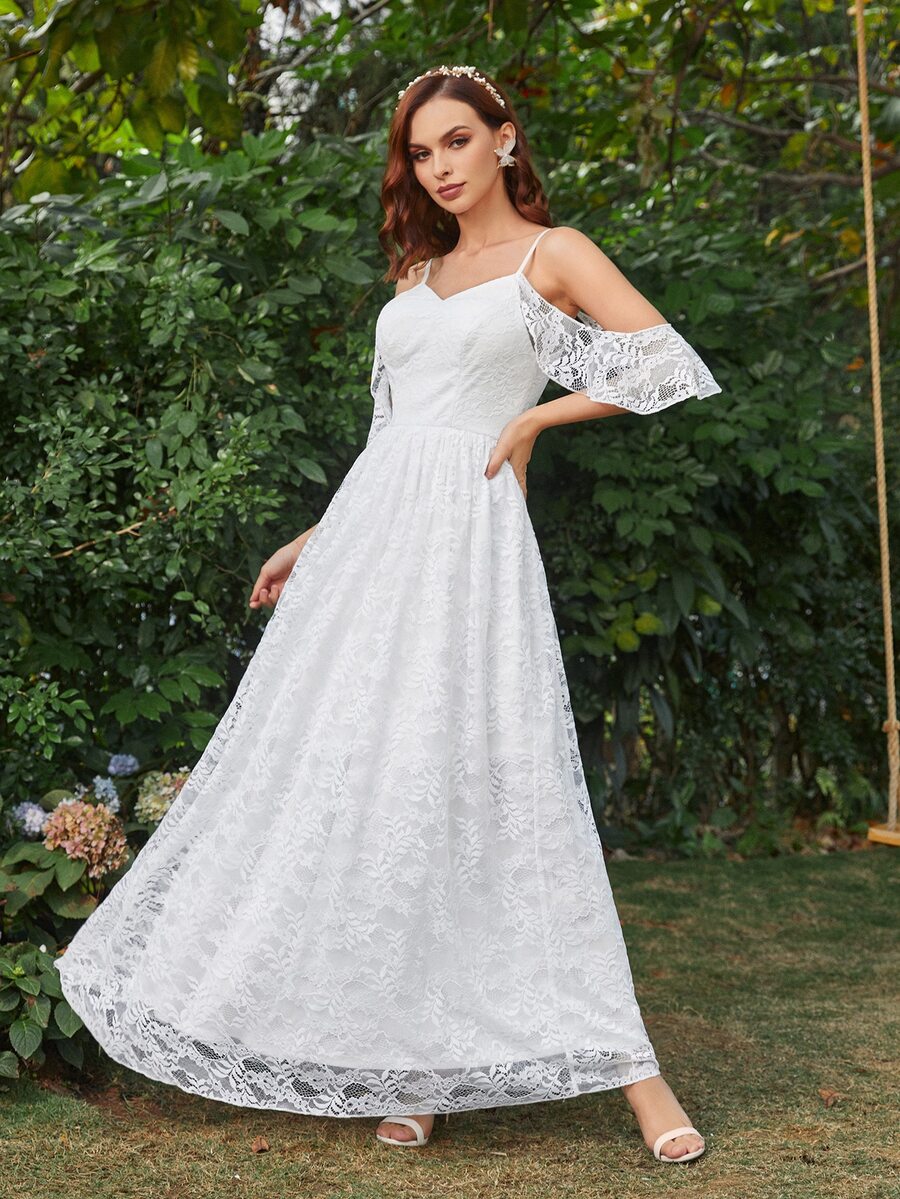 Cold Shoulder Zipper Back Lace Wedding Dress