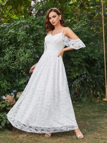 Cold Shoulder Zipper Back Lace Wedding Dress