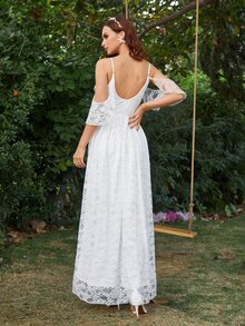 Cold Shoulder Zipper Back Lace Wedding Dress