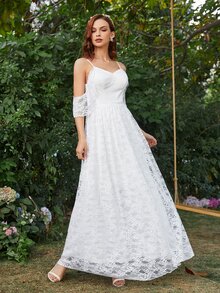 Cold Shoulder Zipper Back Lace Wedding Dress