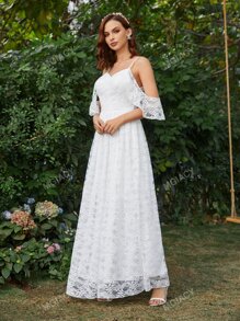 Cold Shoulder Zipper Back Lace Wedding Dress
