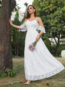 Cold Shoulder Zipper Back Lace Wedding Dress