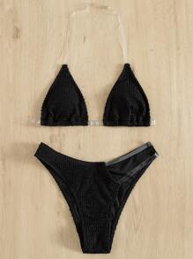 Plain Clear Strap Bikini For Summer Beach - Black - View 4