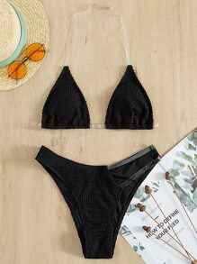 Plain Clear Strap Bikini For Summer Beach - Black - View 5