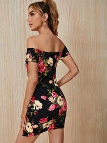 SHEIN Privé Allover Floral Print Off Shoulder Split Hem Dress - Multicolor - View 2