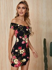SHEIN Privé Allover Floral Print Off Shoulder Split Hem Dress - Multicolor - View 5