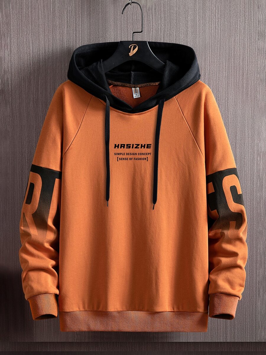Hombres Capucha con estampado de letra de manga raglán - Naranja - Ver 1