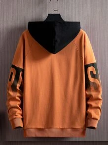 Hombres Capucha con estampado de letra de manga raglán - Naranja - Ver 2