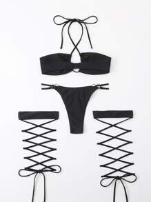 SHEIN Swim Summer Beach Plain Halter Ring Linked Bikini With 1pair Leg Ring - Black - View 2