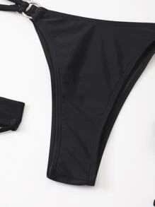 SHEIN Swim Summer Beach Plain Halter Ring Linked Bikini With 1pair Leg Ring - Black - View 3