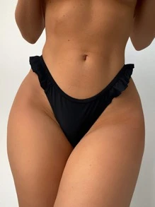 Plain Frill Trim Bikini Bottom - Black - View 1