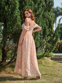 Contrast Sequin Cold Shoulder Lace Bridesmaid Dress - Coral Pink - View 2