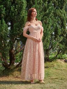 Contrast Sequin Cold Shoulder Lace Bridesmaid Dress - Coral Pink - View 4