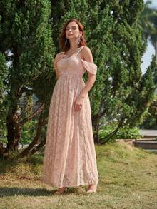 Contrast Sequin Cold Shoulder Lace Bridesmaid Dress - Coral Pink - View 5