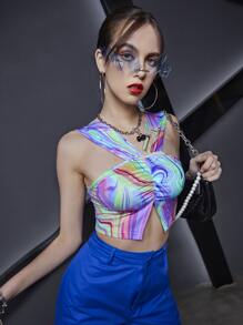 SHEIN ICON Áo hai dây Xù Chia Đá hoa Giải trí - Nhiều màu - Xem 1