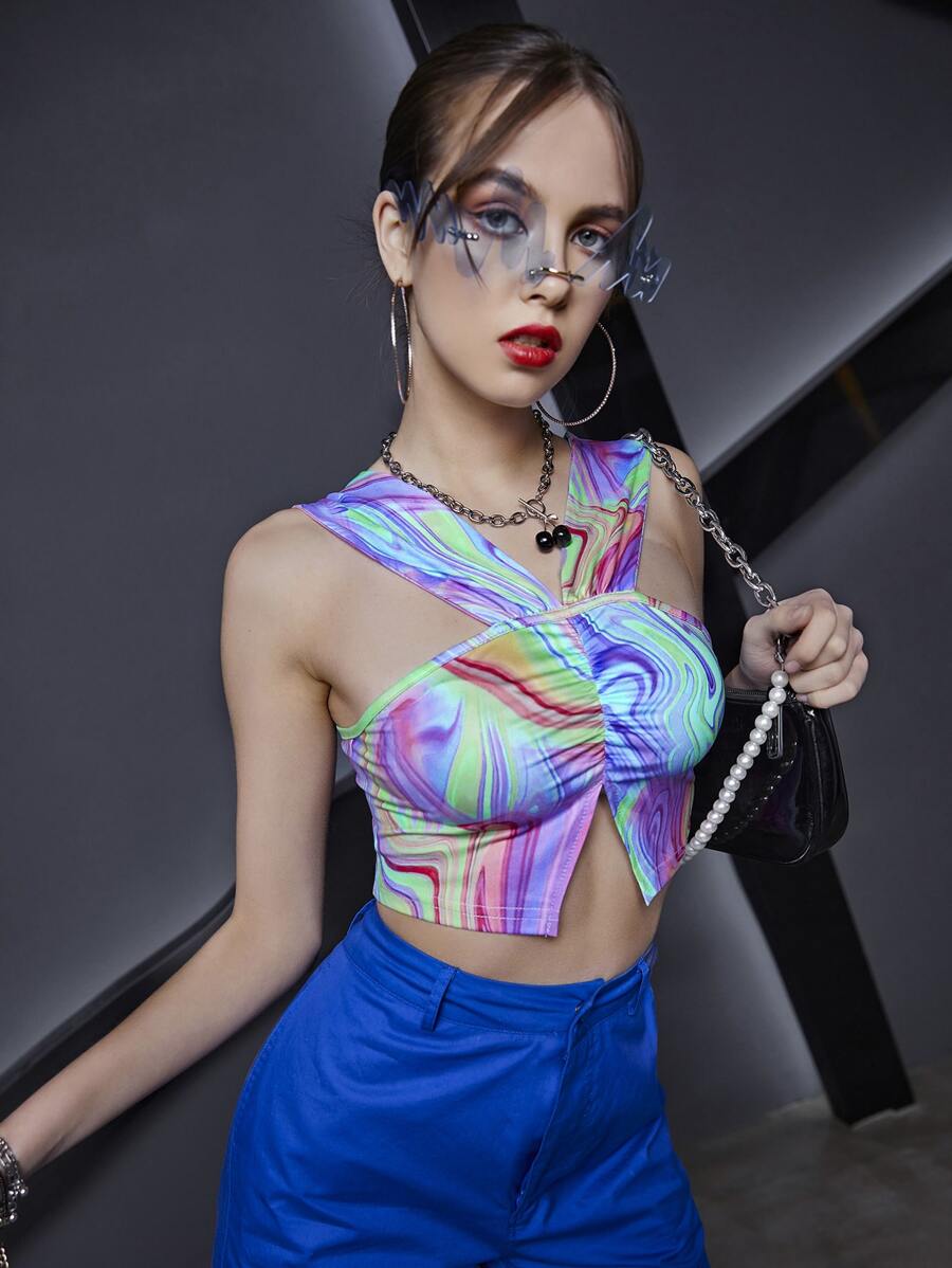 SHEIN ICON Áo hai dây Xù Chia Đá hoa Giải trí - Nhiều màu - Xem 1