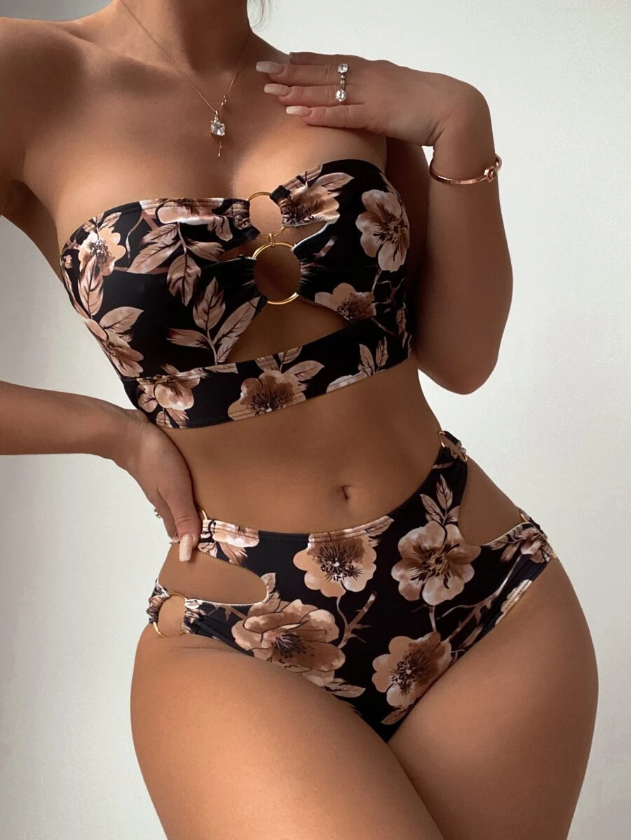 SHEIN Swim Summer Beach Floral Print Bikini Set Ring Linked Bandeau Bra & Cut Out Hipster Bottom 2 Piece Bathing Suit - Multicolor - View 1