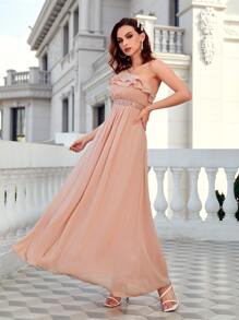 One Shoulder Ruffle Trim Bridesmaid Dress - Coral Pink - View 1