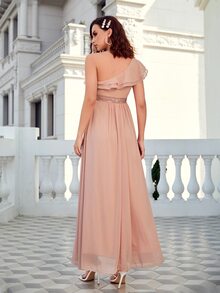 One Shoulder Ruffle Trim Bridesmaid Dress - Coral Pink - View 2