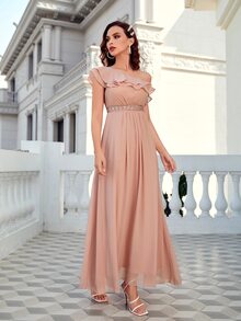 One Shoulder Ruffle Trim Bridesmaid Dress - Coral Pink - View 4