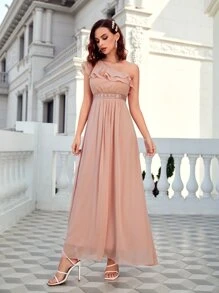 One Shoulder Ruffle Trim Bridesmaid Dress - Coral Pink - View 5