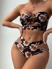 SHEIN Swim Summer Beach Floral Print Bikini Set Ring Linked Bandeau Bra & Cut Out Hipster Bottom 2 Piece Bathing Suit - Multicolor - View 5