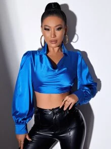 SHEIN SXY Áo sơ mi nữ Vắt màu trơn Thanh lịch - Xanh đậm - Xem 4