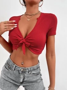 Áo nữ Thắt nút Gân đan màu trơn Gợi cảm - Đỏ - Xem 6