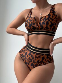Leopard Bikini Set Contrast Mesh V Wired Bra Top & High Waist Bikini Bottom 2 Pieces Bikini Summer Beach - Multicolor - View 5