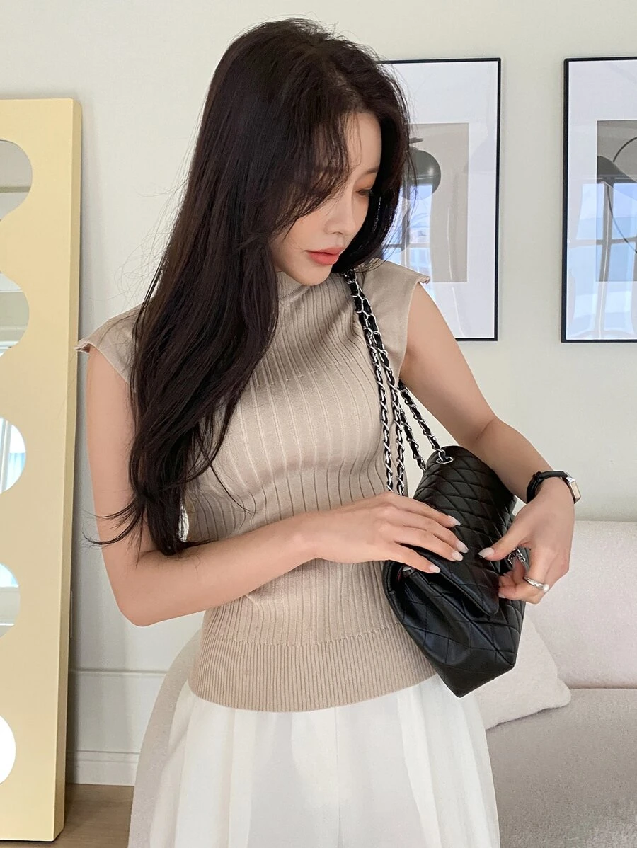 DAZY Solid Rib Knit Stand Neck Knit Top