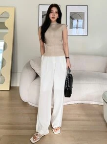 DAZY Solid Rib Knit Stand Neck Knit Top