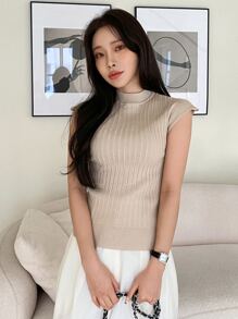 DAZY Solid Rib Knit Stand Neck Knit Top