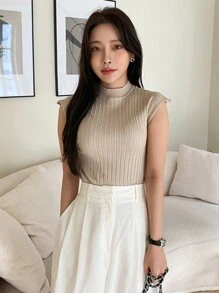 DAZY Solid Rib Knit Stand Neck Knit Top
