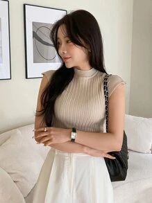 DAZY Solid Rib Knit Stand Neck Knit Top