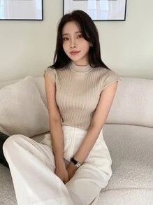 DAZY Solid Rib Knit Stand Neck Knit Top