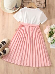 SHEIN 小女童貓印花腰帶百褶下擺洋裝 - 彩色 - 查看 2