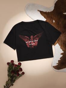 ROMWE Goth Camiseta corta con letra escultura con estampado - Negro - Ver 5